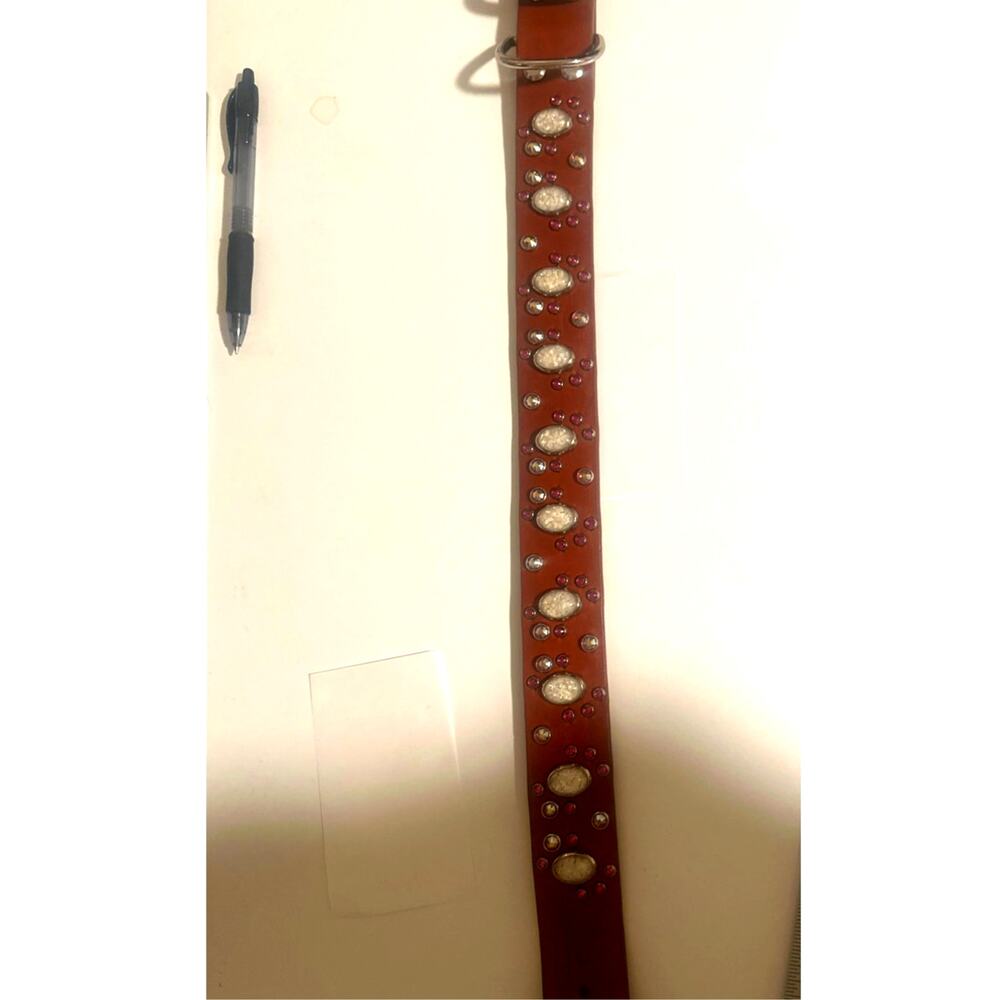 Leather boutique Dog collar Genuine Pittie 1.5" x 23” rhinestones pearl custom - Picture 7 of 7